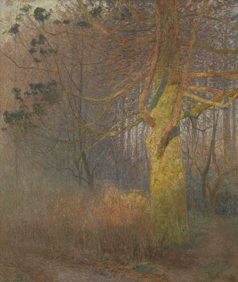 Tree in the sun by Emile Claus, oil on canvas depicting sunlight filtering through leaves.