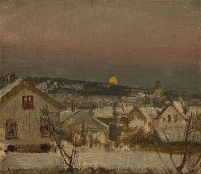Escena interior con luz cálida de una ventana, nieve afuera, de Amaldus Nielsen, pintura al óleo