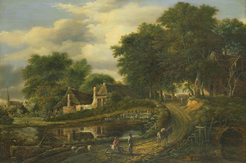 Paisagem de Julien Joseph Ducorron, óleo sobre painel, com colinas e um céu crepuscular.