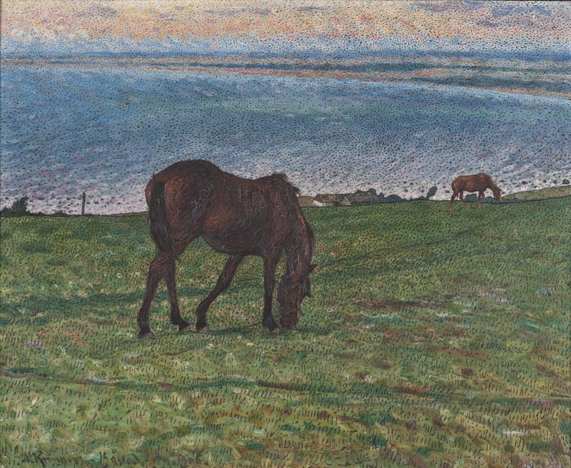 Evening in August, oil on canvas by Nils Kreuger, depicting a serene twilight landscape with gentle hills.