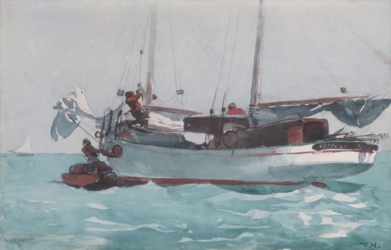 Taking on Wet Provisions de Winslow Homer, pintura a óleo que retrata um barco à vela no mar