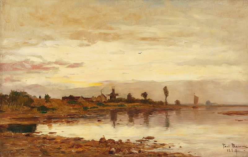 Holländische Kanallandschaft by Paul Baum, oil on canvas depicting a tranquil canal landscape.