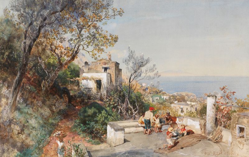 Pintura a óleo da Baía de Nápoles por Oswald Achenbach