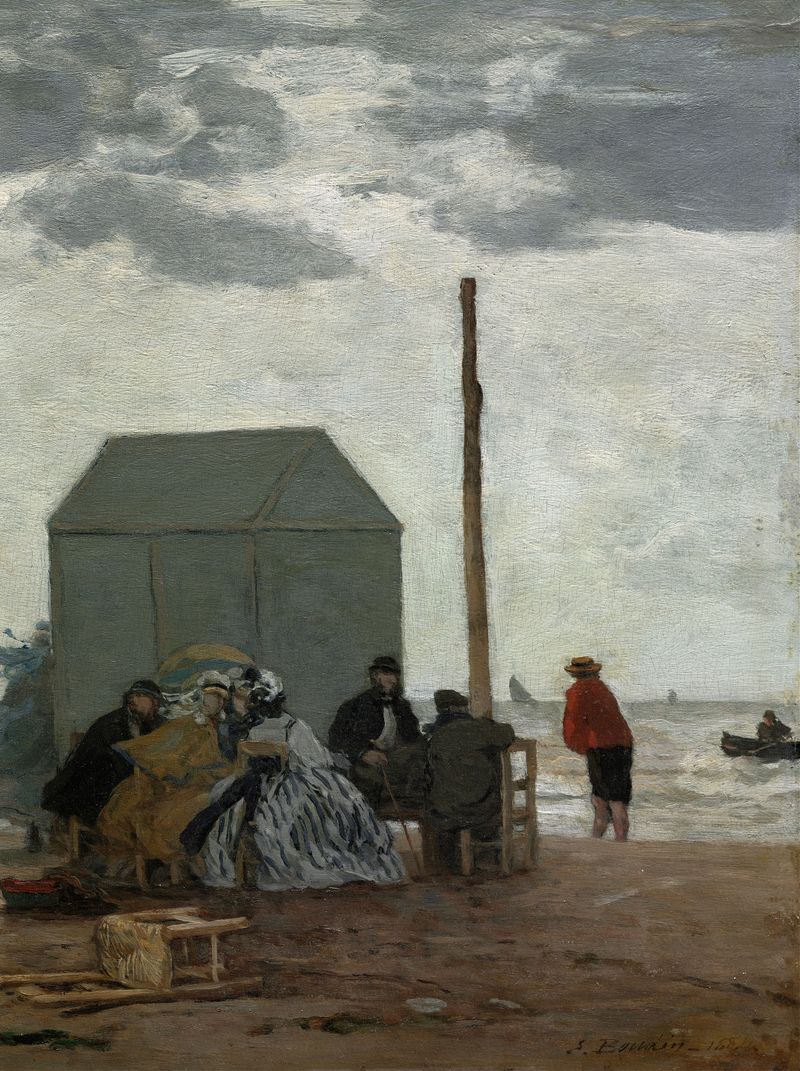 The Beach at Deauville by Eugène Boudin, oil on canvas depicting figures by the shore.