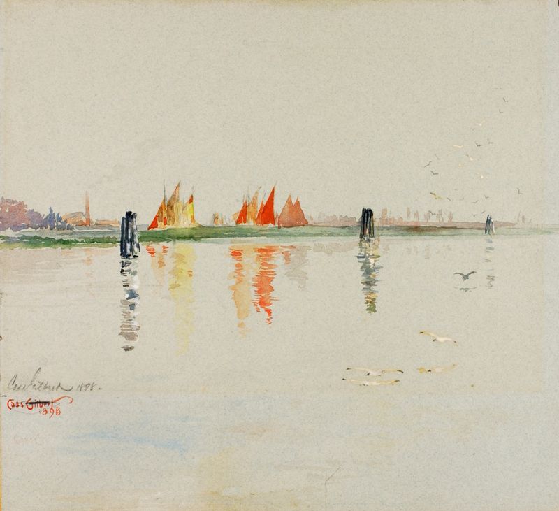 Impressionist oil painting by Cass Gilbert depicting a serene lagoon in Venice