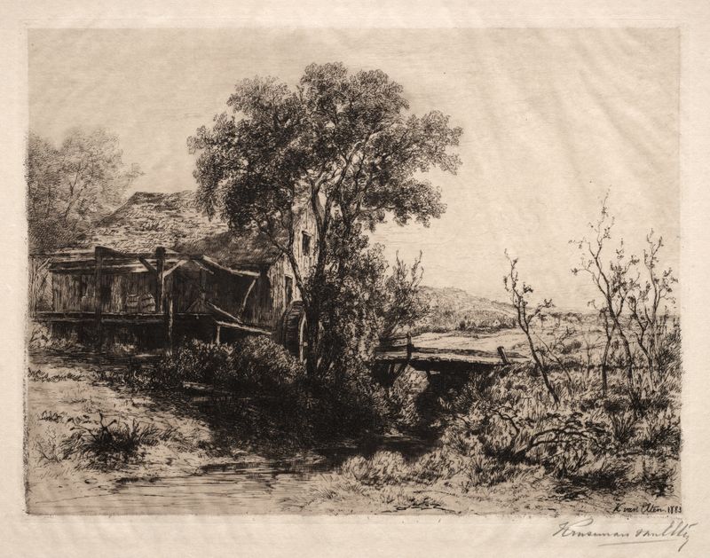 Landscape of ruins and wilderness in The Deserted Mill by Hendrik Dirk Kruseman van Elten, oil painting