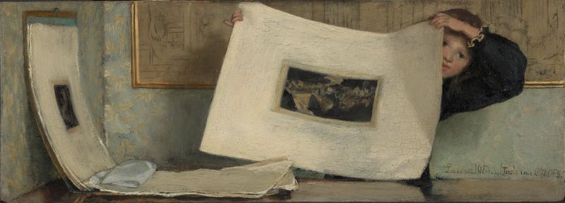 Pintura a óleo de Laura Theresa Alma Tadema mostrando uma criança segurando uma grande impressão.