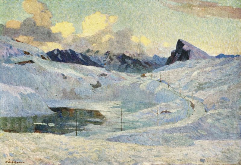 Landscape featuring snow-capped mountains by Wilhelm Ludwig Lehmann, oil painting