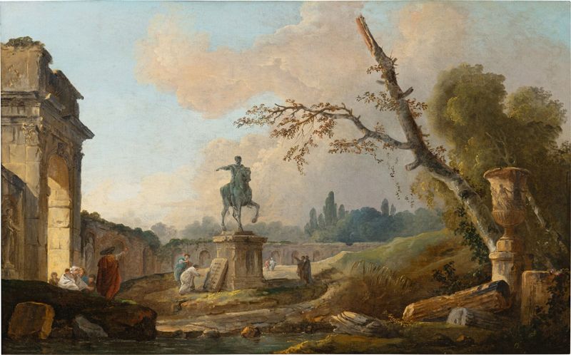 Paisagem com ruínas e a estátua de Marco Aurélio, óleo sobre tela de Hubert Robert