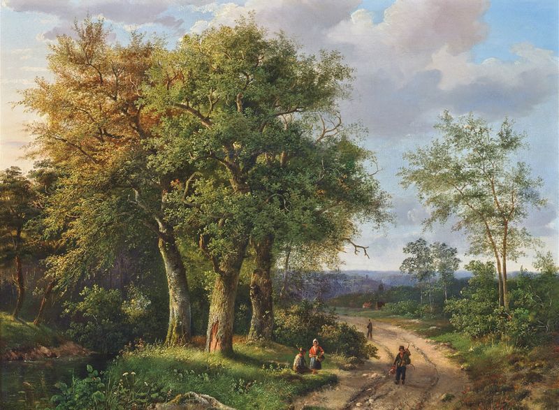 Genre scene depicting travelers resting on a woodland path, oil painting by Marinus Adrianus Koekkoek.