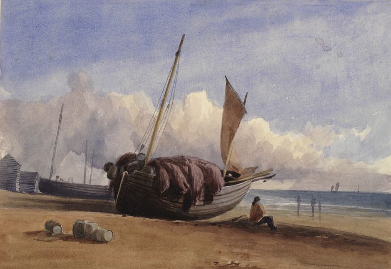 Beached fishing boat with seated fisherman by Charles Bentley, realism
