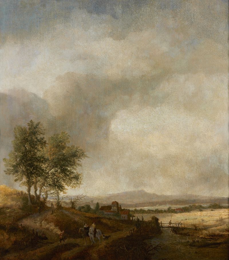 Landschap met ruiters by Philips Wouwerman, oil on panel depicting horsemen in a lush landscape.