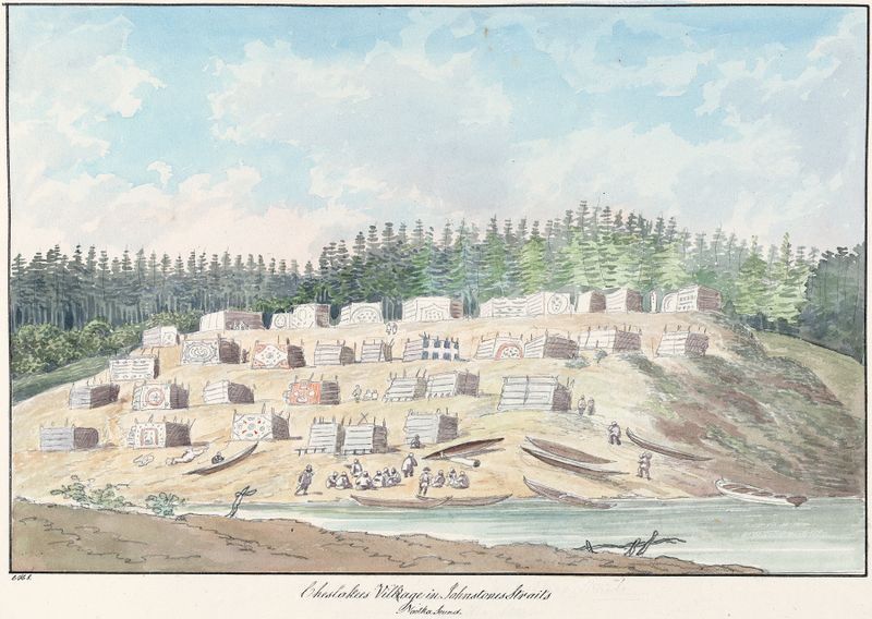 Paisagem de Cheslakee’s Village in Johnstone’s Straits de Charles Hamilton Smith, meio desconhecido