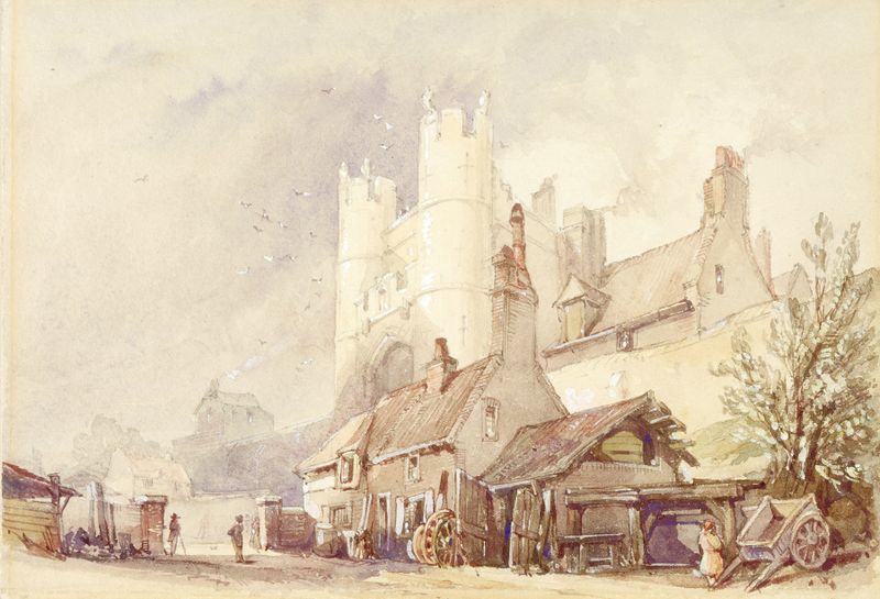 Monk Bar, York de R. Mulholland, pintura a óleo que retrata arquitetura antiga ao crepúsculo