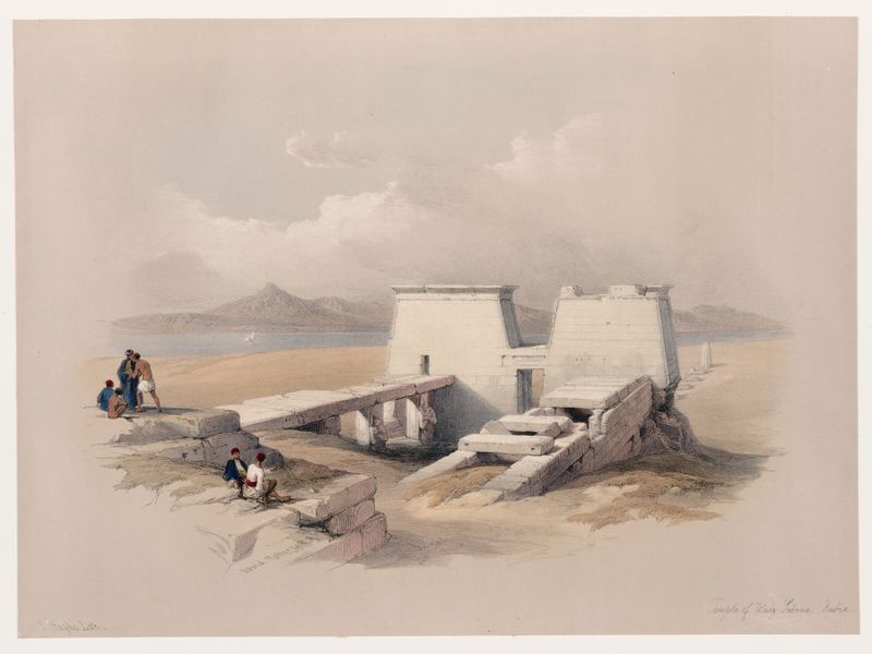 Templo de Wady Saboua de David Roberts, pintura a óleo que retrata arquitetura antiga em uma paisagem desértica.