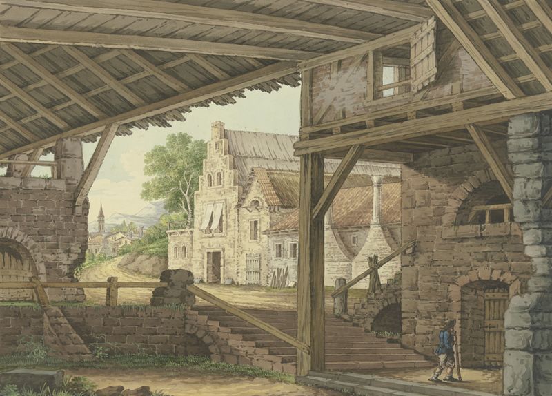 Paisaje con un granero y un pueblo de Philipp Jakob Bauer, pintura al óleo