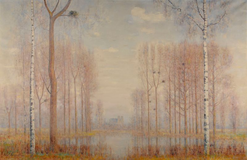Oil painting by Paul Bocquet depicting verdant fields and nature.