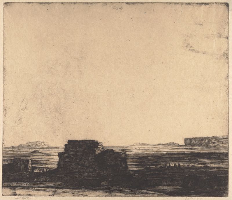 Paisagem desértica com tons de ocre e siena de David Young Cameron, pintura a óleo