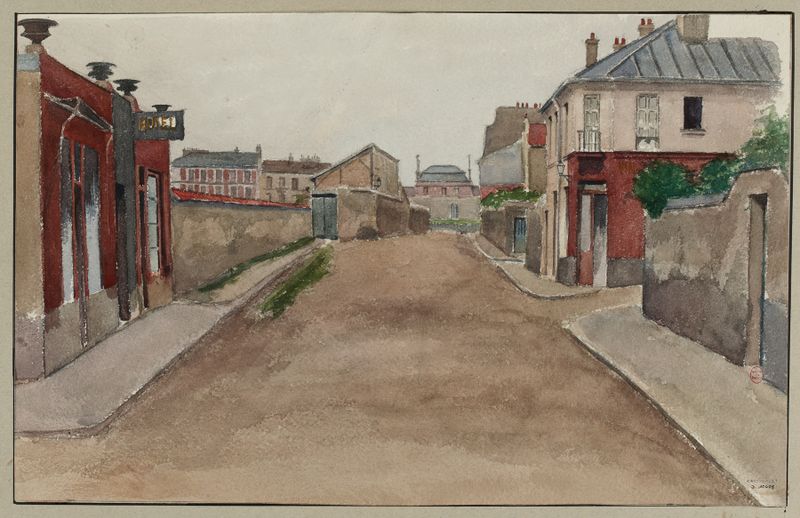 Pintura al óleo de paisaje de F. Séguin que muestra una calle tranquila con adoquines y juego de luces y sombras.