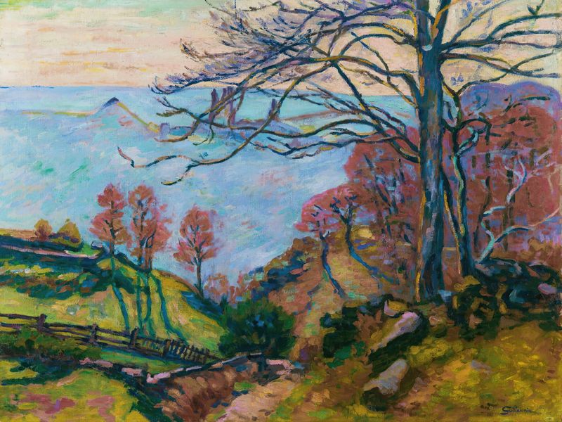 Les Bréjots de Armand Guillaumin, óleo sobre tela representando uma paisagem tranquila com tons suaves.
