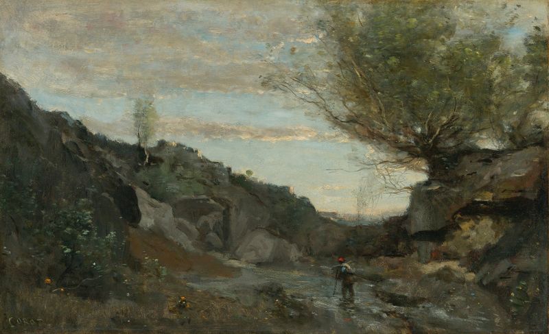 Pintura al óleo de Jean-Baptiste-Camille Corot que representa una cascada y vegetación exuberante.