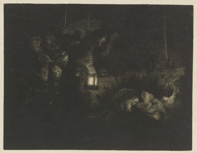 Grabado de Rembrandt van Rijn que muestra pastores reunidos alrededor de María.