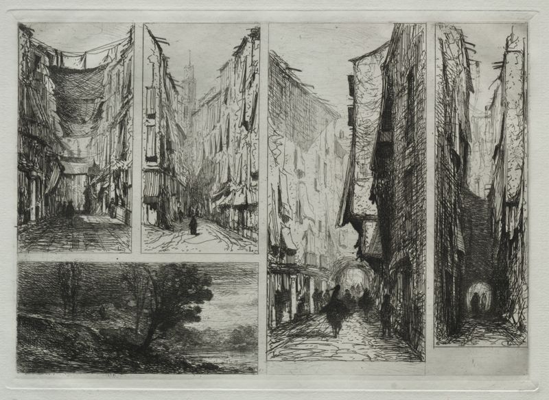 Engraving by Maxime Lalanne depicting a tranquil cityscape at twilight.
