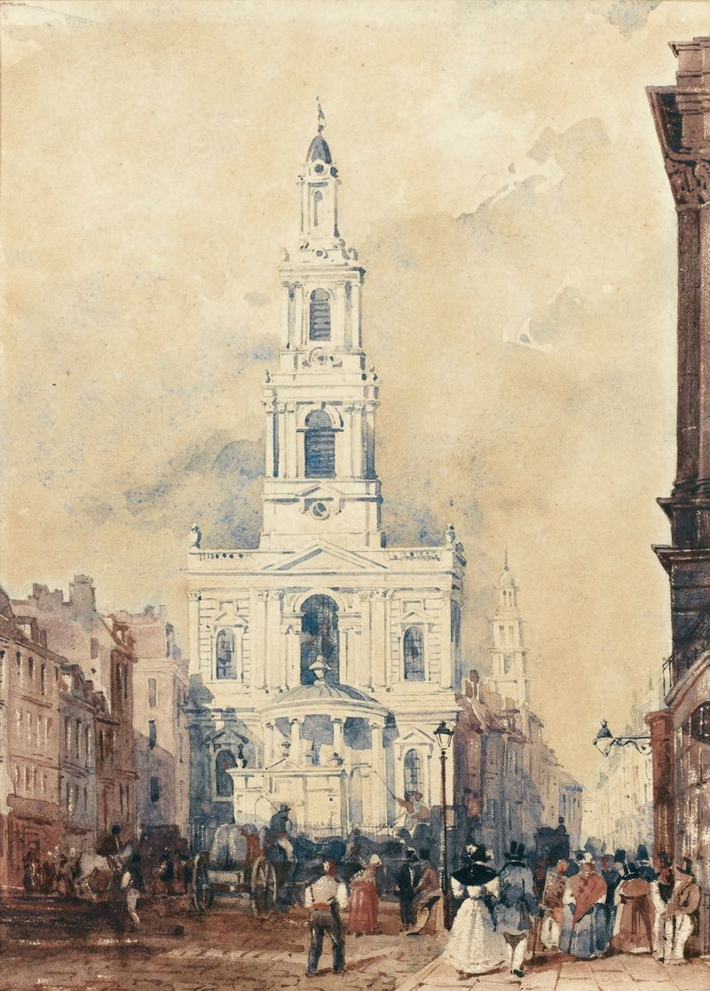 View Of Saint Mary’s Church, London by William Wyld, oil painting depicting a church amidst clouds