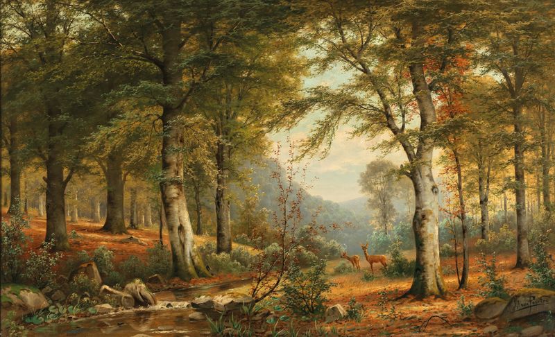 Roe deer grazing in a forest, realism by Jacobus Johannes van Poorten