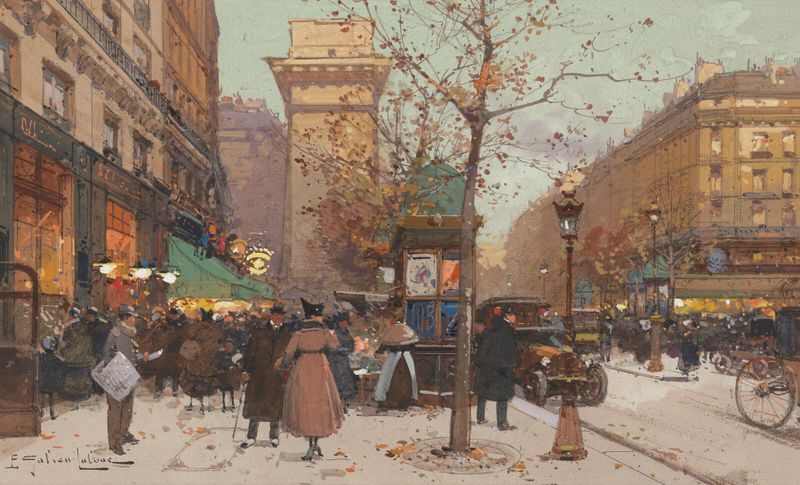La Porte St Denis, Impressionismo de Eugène Galien-Laloue, retratando uma cena movimentada de rua parisiense.