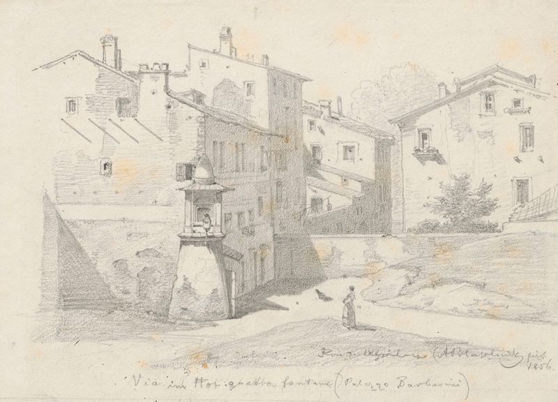 Houses at Via Quattro Fontane near Palazzo Barberini de Arthur Blaschnik, pintura a óleo que retrata uma cena urbana.