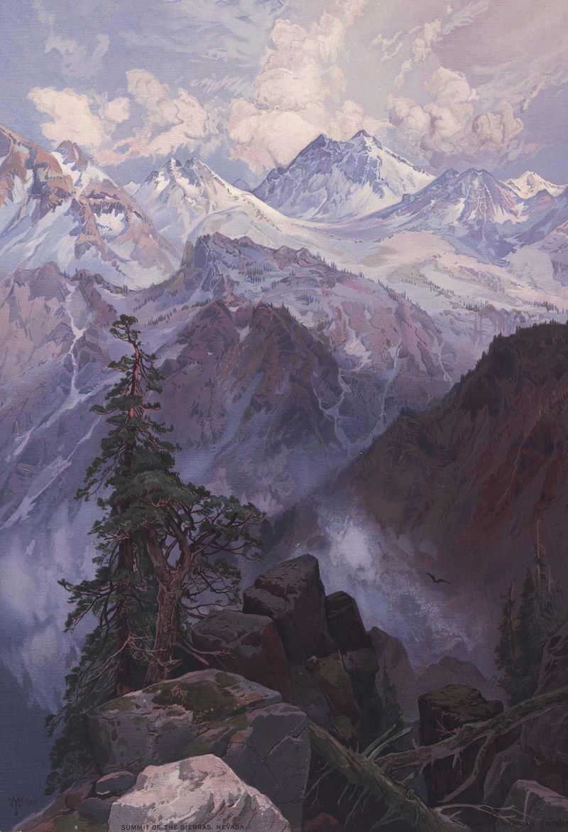 Summit of the Sierras, Nevada de Thomas Moran, pintura a óleo que retrata uma paisagem montanhosa com luz dourada.
