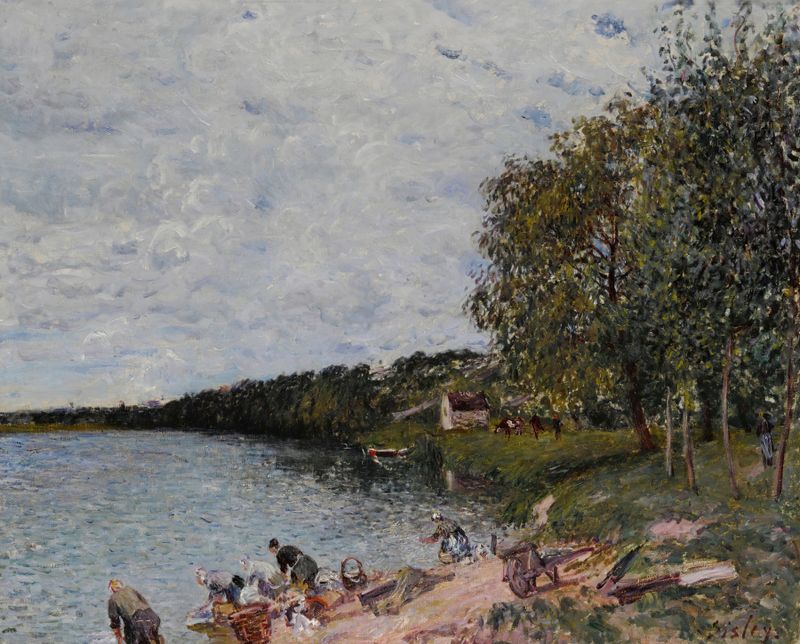 Lavandières près de Champagne, óleo sobre lienzo de Alfred Sisley que muestra figuras lavando junto a un río.