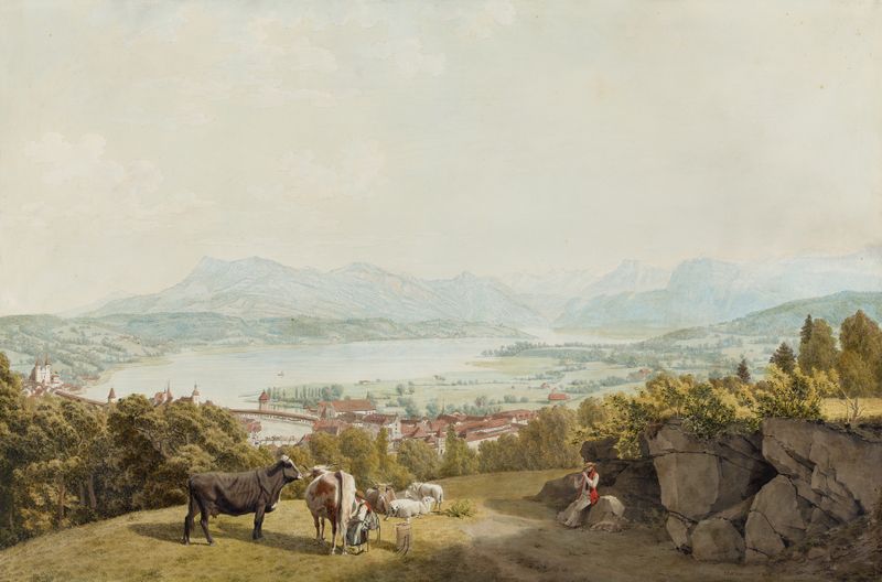 Paisaje que muestra pastores y rebaños en una escena pastoral de Johann Jakob Biedermann