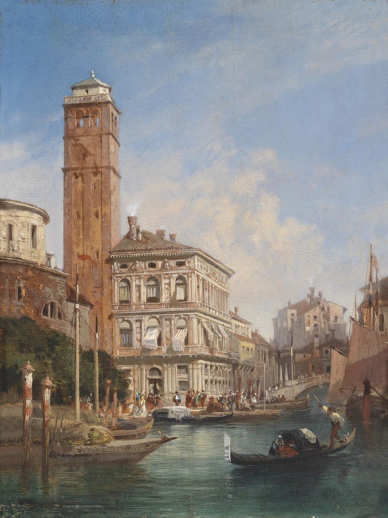 Venezia San Geremia by William Wyld, oil painting depicting Venetian architecture and water reflections.