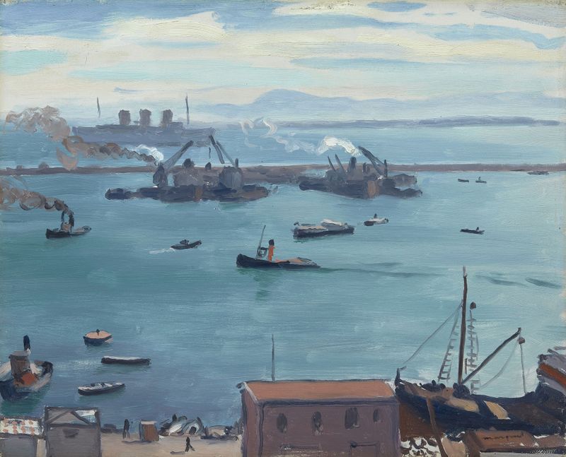Les trois cheminées, óleo sobre lienzo de Albert Marquet, mostrando tres chimeneas contra un cielo suave.