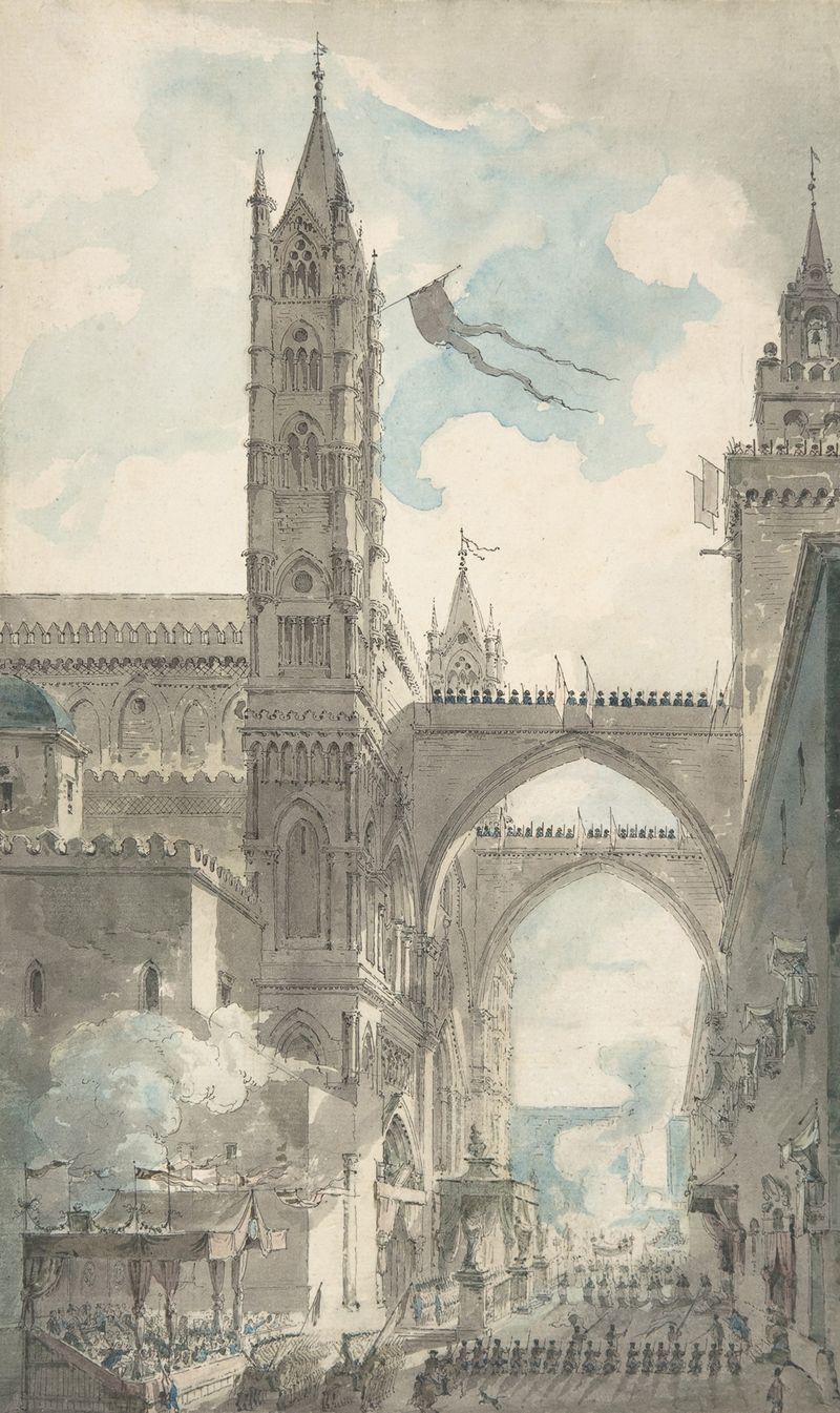 Watercolour by Louis Jean Desprez depicting the Cathedral of Palermo with sunlight on the arches.