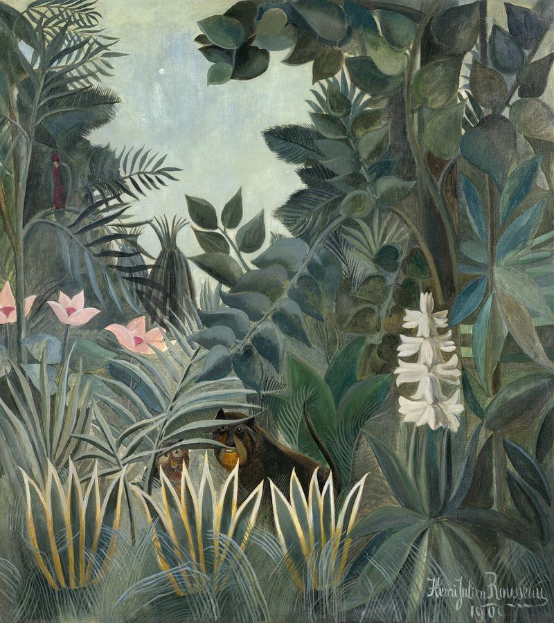The Equatorial Jungle by Henri Rousseau, oil on canvas depicting dense foliage and vibrant greens.