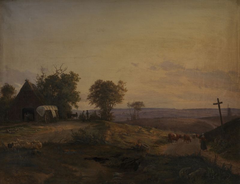 Paisagem de colinas sob um céu pastel, pintura a óleo de Frederik Rohde