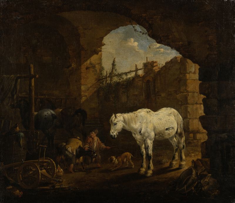 Children playing in a stable, oil painting by Johann Heinrich Roos