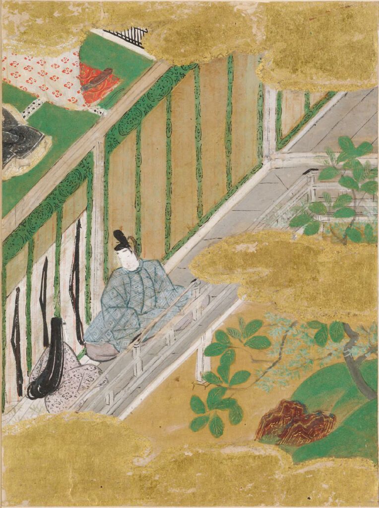 The Oak Tree by Tosa Mitsunobu, gold medium, depicting an oak tree from the Tale of Genji.