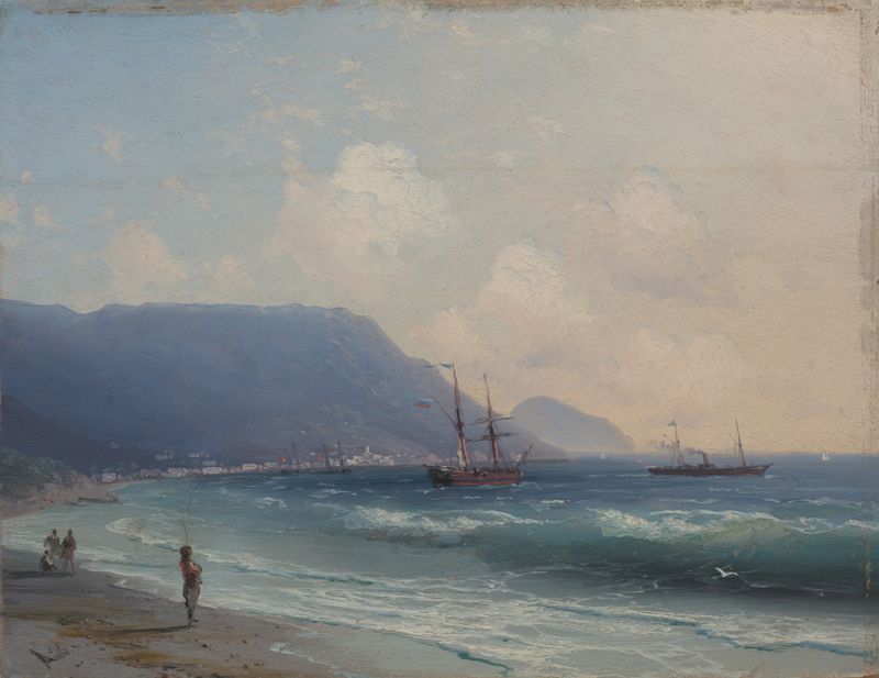 Seascape oil painting by Ivan Konstantinovich Aivazovsky depicting crashing waves and a dramatic sky