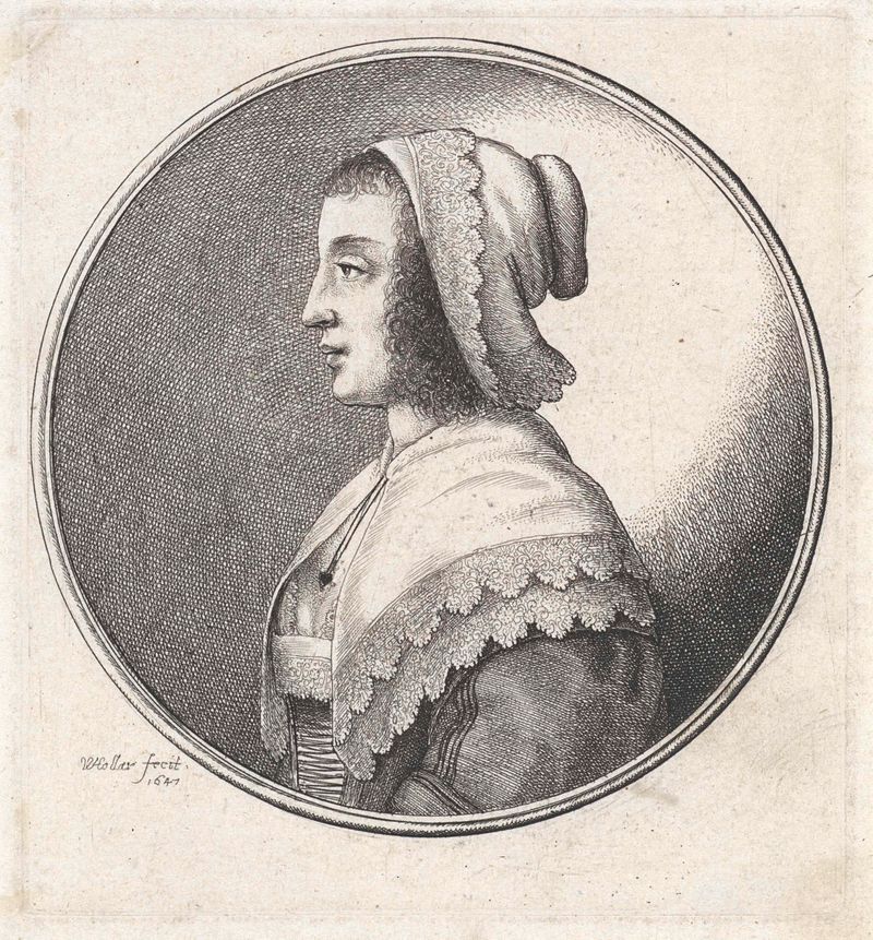 Retrato de uma mulher com um capuz de renda e colar, gravura de Wenceslaus Hollar