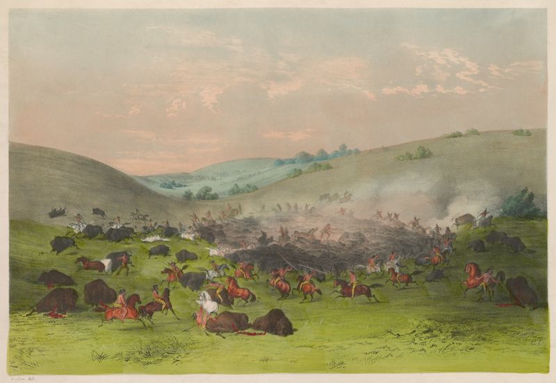 A Caça ao Búfalo; 'Cercando o Rebanho' litografia de Currier & Ives retratando búfalos na pradaria.