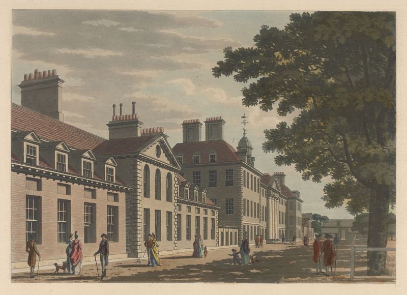 Chelsea Hospital de Thomas Malton, representando arquitetura em luz suave, pintura a óleo
