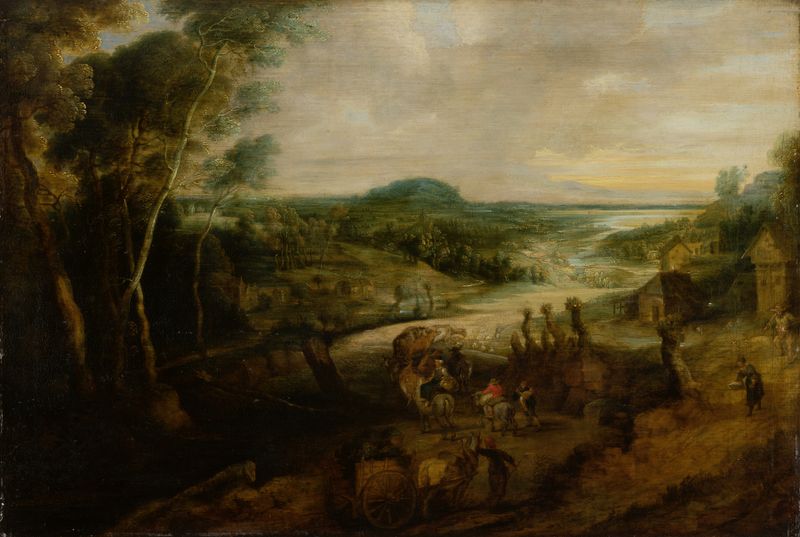 River landscape with peasants on the way to market, oil on canvas by Lucas van Uden.
