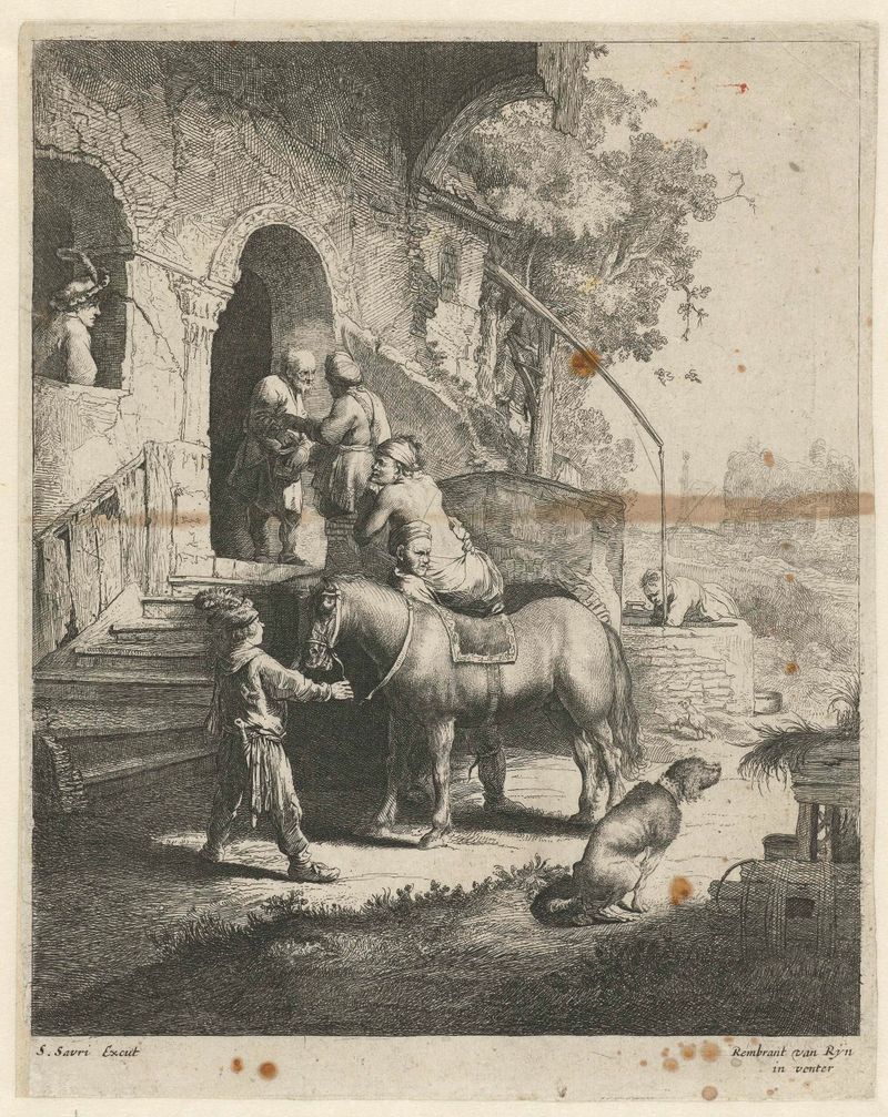 Grabado de Salomon Savery que muestra al Buen Samaritano ayudando a un hombre herido.