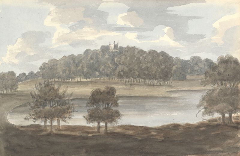 Watercolor on paper by Anne Rushout depicting a landscape with rolling hills and golden fields