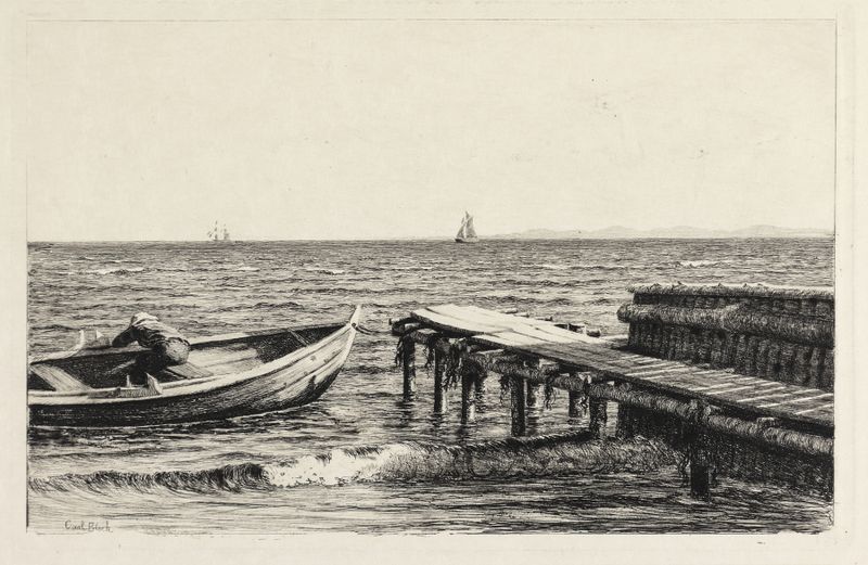 The boat at the bridge, oil on canvas by Carl Bloch, depicting a boat on a river near a bridge.