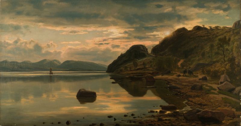 Aftenstemning. Skogsfjord, Mandal de Amaldus Nielsen, impressionismo, paisagem
